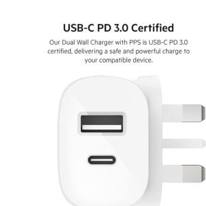 Belkin 37W USB Type C PPS PD Dual Port Wall Phone Charger, Power Delivery 25W USB C Port and 12W USB A Port for Fast Charging Samsung Galaxy S23, Ultra, Plus, Note 20, iPhone 14 Series and More