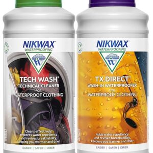 Nikwax TECH WASH and TX DIRECT Twin Pack, Technical Cleaner and Wash-In Waterproofer for Waterproof Clothing, Cleans, Waterproofs, Revitalises Breathability, 2x 1L
