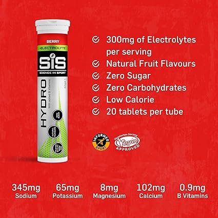 Science In Sport Hydro Hydration Tablets, Gluten-Free, Zero Sugar, Berry Flavour Plus Electrolytes, 20 Effervescent Tablets